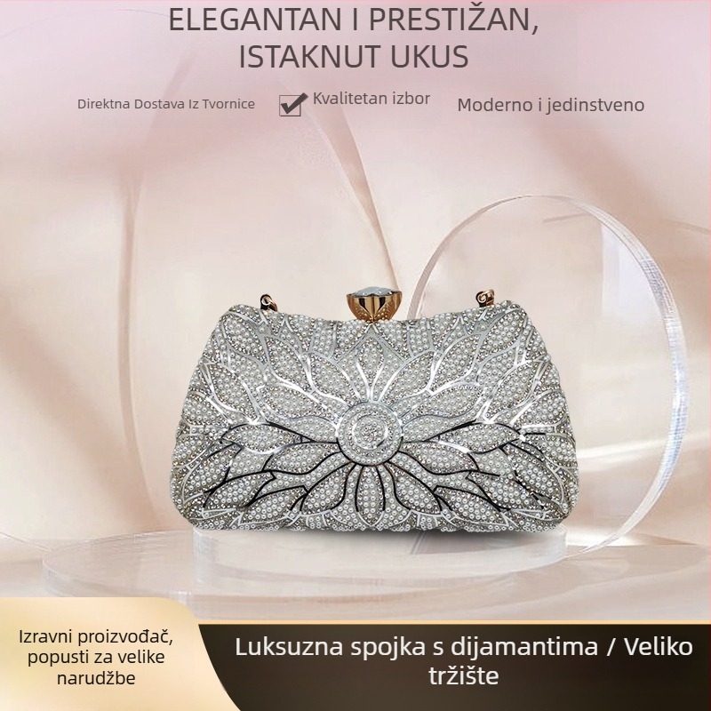 Ženska večernja torbica, PU materijal, saten podstava, mali kvadratni stil, vodoravni oblik, džep za mobitel