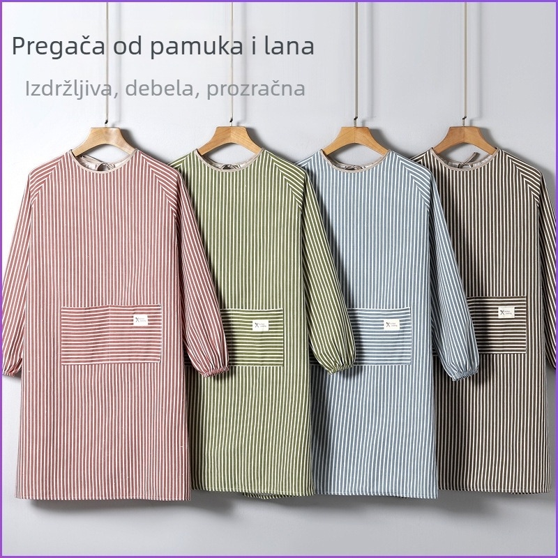 Pregača s rukavima od pamuka i lana, otporna na mrlje, za odrasle, prugasti/karirani uzorak, moderan minimalistički stil