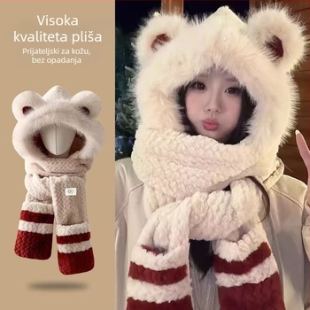 Ženski zimski trodijelni set: kapa, šal i rukavice, poliester, satenski završetak, zima 2025