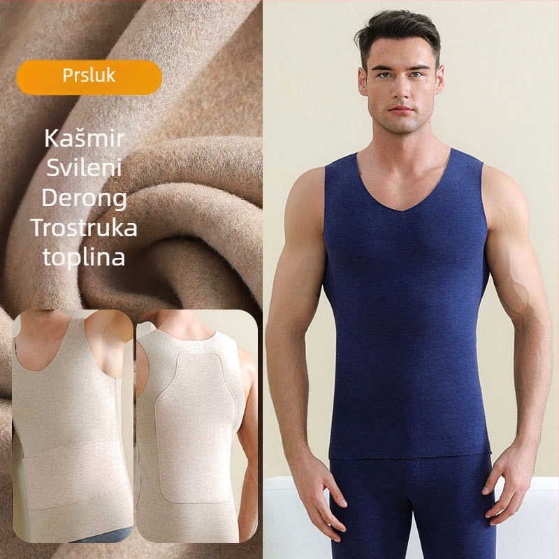 Muški termo prsluk od akrila s velurom, patch dizajn, ekstra debelo tkivo 301–350 g/m², V-izrez