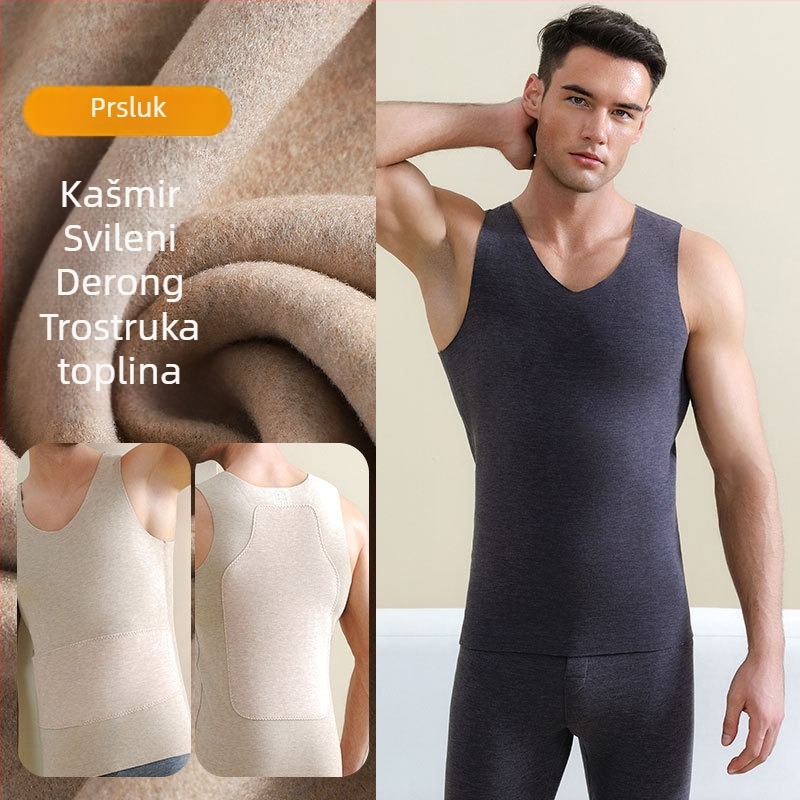Muški termo prsluk od akrila s velurom, patch dizajn, ekstra debelo tkivo 301–350 g/m², V-izrez