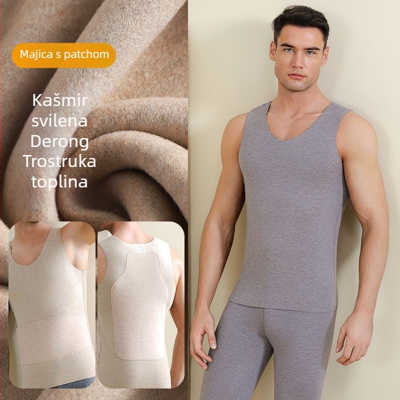 Muški termo prsluk od akrila s velurom, patch dizajn, ekstra debelo tkivo 301–350 g/m², V-izrez