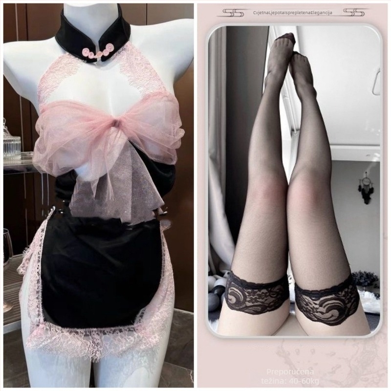 Čipkasta spavaćica s otvorenim leđima i mašnicom, bez rukava, mini suknja, poliester (90-95% poliester)