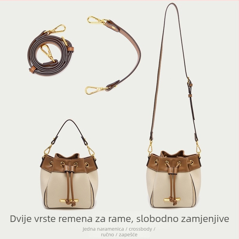 Ženska bucket torba od prave kože, crossbody torba s trakom za zatvaranje, unutarnje pretince: pretinac sa zipom, pretinac za telefon, ID pretinac, pretinac s dvostrukim zipom, ljeto 2025