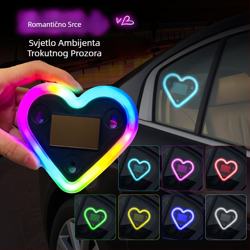 Solarna LED dekorativna svjetiljka za automobil u obliku srca – bežično, montaža usisnom čašicom, 0.5W, 5V, 0.1A, za stražnji unutarnji prostor