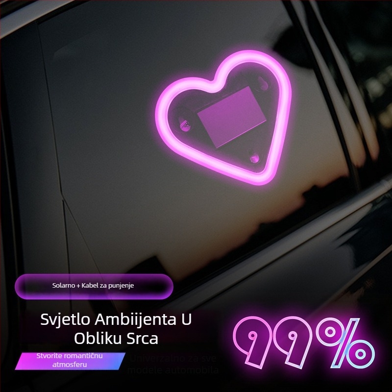 Solarna LED dekorativna svjetiljka za automobil u obliku srca – bežično, montaža usisnom čašicom, 0.5W, 5V, 0.1A, za stražnji unutarnji prostor