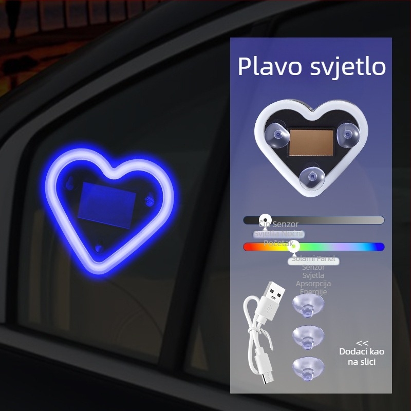 Solarna LED dekorativna svjetiljka za automobil u obliku srca – bežično, montaža usisnom čašicom, 0.5W, 5V, 0.1A, za stražnji unutarnji prostor