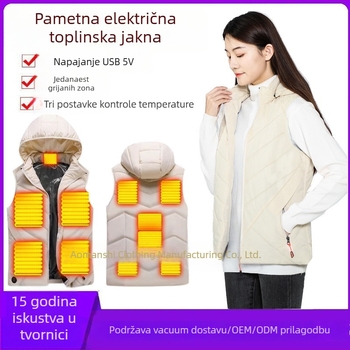 Inteligentna grijana vesta s kapuljom, punjenje od puhastog pamuka, poliester tkanina, uski kroj
