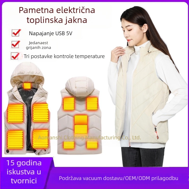 Inteligentna grijana vesta s kapuljom, punjenje od puhastog pamuka, poliester tkanina, uski kroj
