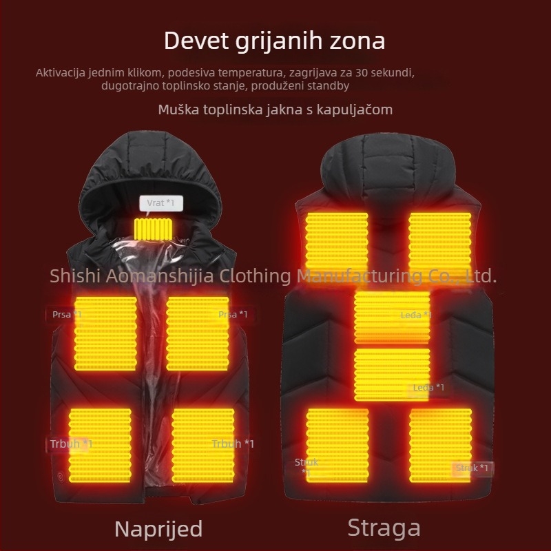 Inteligentna grijana vesta s kapuljom, punjenje od puhastog pamuka, poliester tkanina, uski kroj