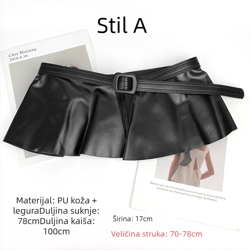 PU kožna plisirana suknja sa širokim kaišem od legure, kopča na pin kopču, širina kaiša preko 4 cm, All-Match stil
