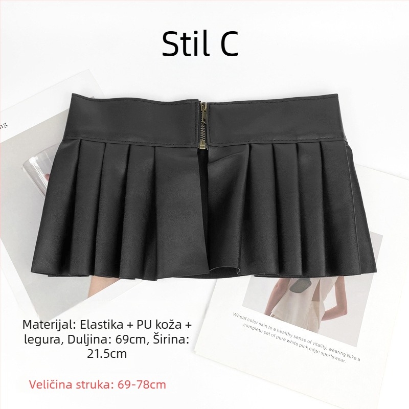 PU kožna plisirana suknja sa širokim kaišem od legure, kopča na pin kopču, širina kaiša preko 4 cm, All-Match stil