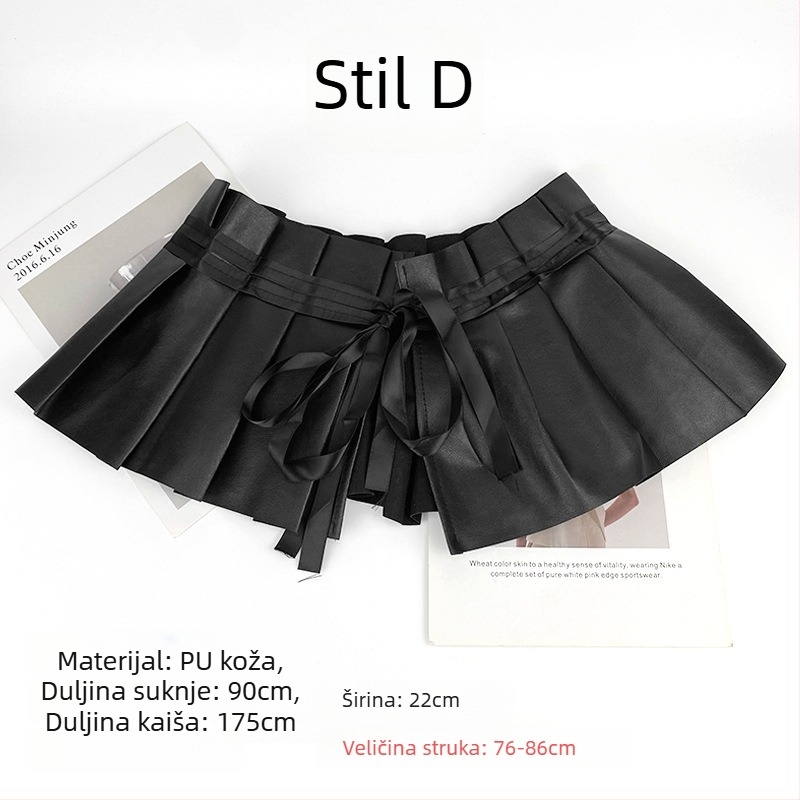 PU kožna plisirana suknja sa širokim kaišem od legure, kopča na pin kopču, širina kaiša preko 4 cm, All-Match stil