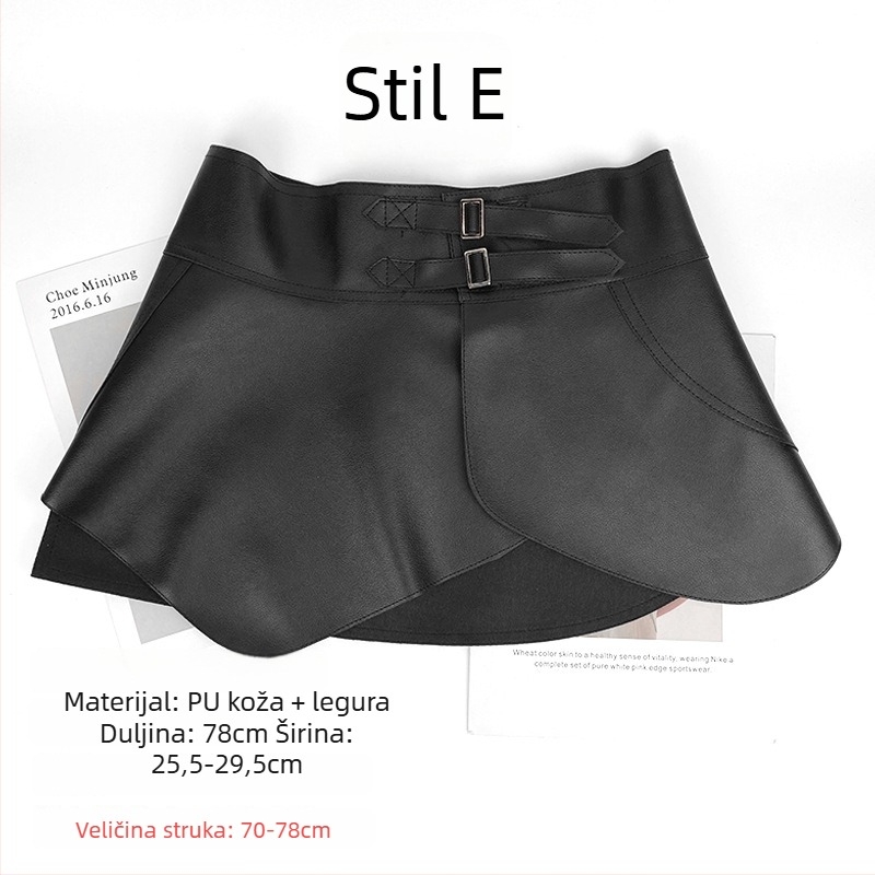 PU kožna plisirana suknja sa širokim kaišem od legure, kopča na pin kopču, širina kaiša preko 4 cm, All-Match stil