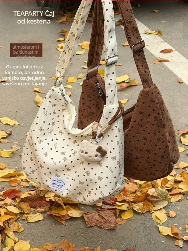 Corduroy ženska crossbody torbica, korejski inspiriran minimalistički dizajn, zatvarač, džep za telefon, poliester podstava