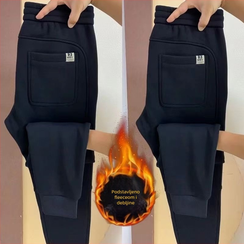 Muške hlače s flisom iznutra, debele, ravni kroj, slim-fit, zimska ležerna odjeća