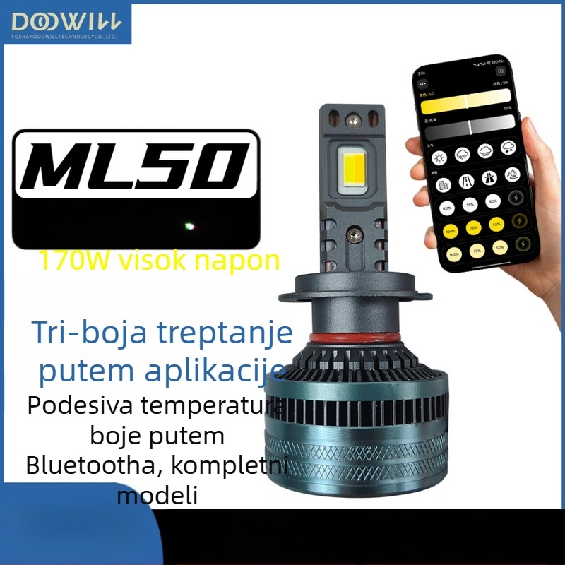 Automobilske LED prednje lampe – visoka snaga, upravljanje putem aplikacije temperature boje, trobojni LED, 170W, 12V, 18000 lm, IP67, 30.000 sati