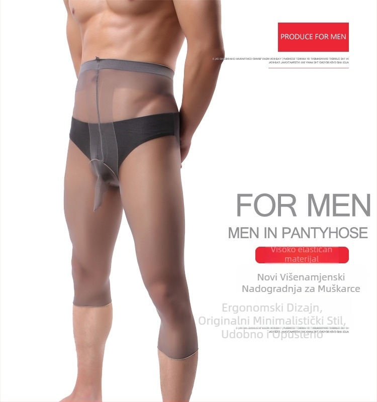 Muške cropped pantyhose – prozirna svilenkasta završnica, dizajn s džepom, ultratanki najlon, jednobojni uzorak, nevidljivo oblikovanje