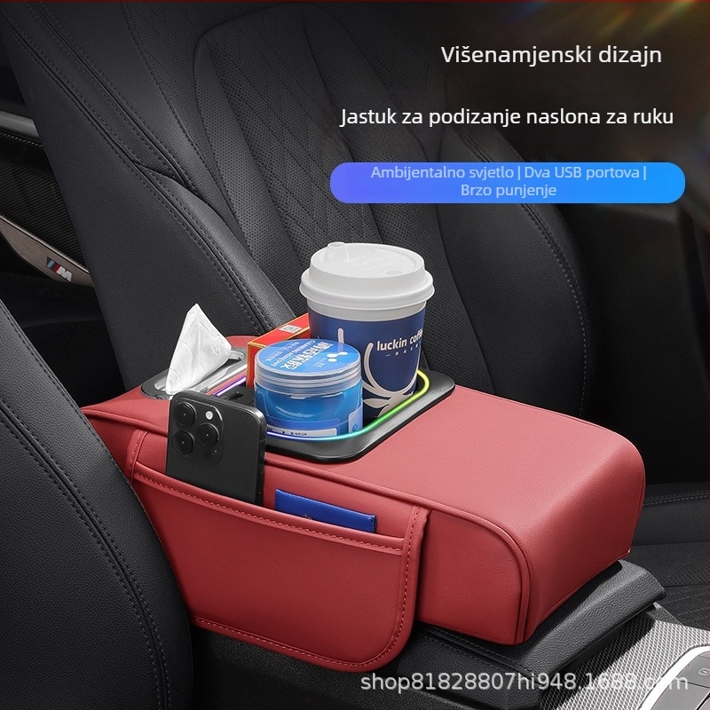 Kutija za naslon za ruku automobila s LED svjetlom i podignutim jastučićem, 5-u-1 multifunkcija, univerzalna kompatibilnost (Materijal: koža; Kompatibilnost: univerzalna; Obrada: nema)