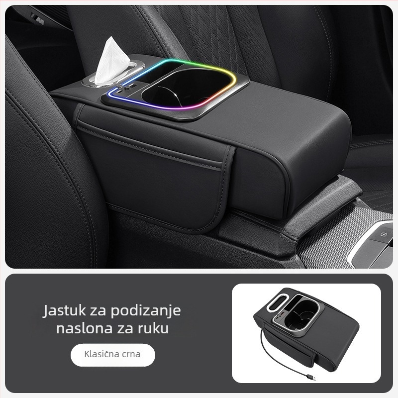 Kutija za naslon za ruku automobila s LED svjetlom i podignutim jastučićem, 5-u-1 multifunkcija, univerzalna kompatibilnost (Materijal: koža; Kompatibilnost: univerzalna; Obrada: nema)