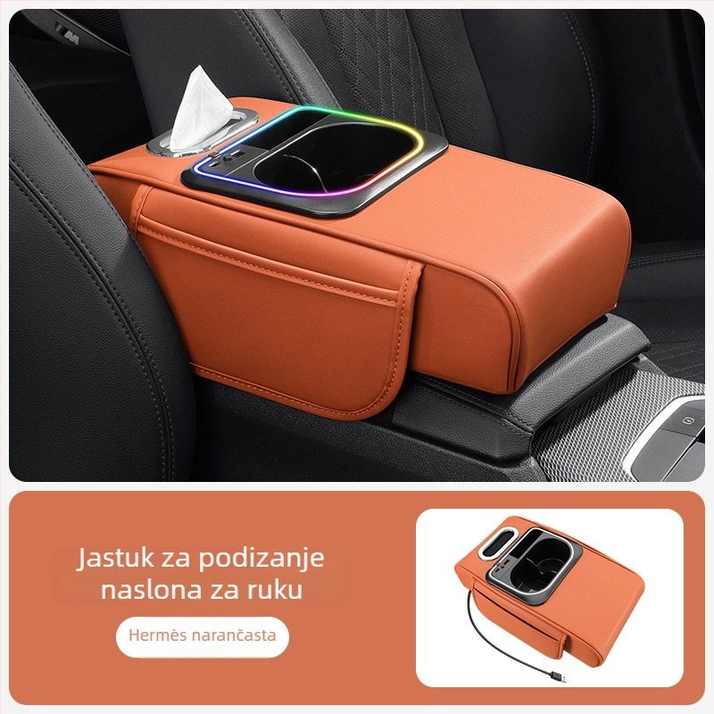 Kutija za naslon za ruku automobila s LED svjetlom i podignutim jastučićem, 5-u-1 multifunkcija, univerzalna kompatibilnost (Materijal: koža; Kompatibilnost: univerzalna; Obrada: nema)