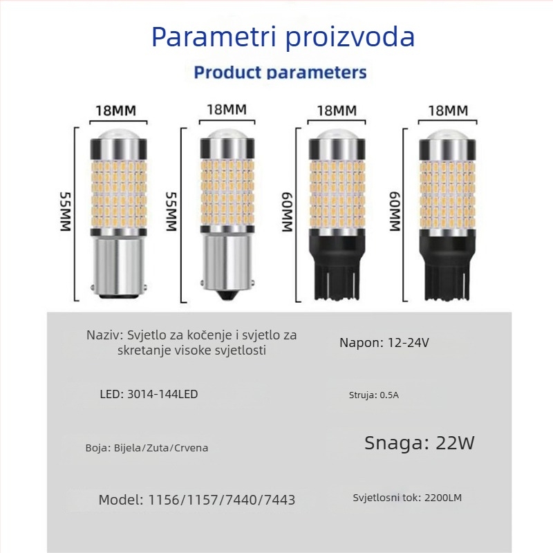 1156-3014-144 LED automobilska žarulja za skretanje, stražnje svjetlo i dnevno svjetlo – 8.1W, 12–24V DC, 3014 SMD, 6000–7000K