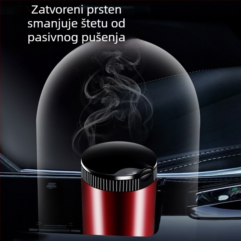 Metalni auto pepelnjak s LED, okrugli preklopni poklopac, potpuno zatvoren, pogodan za prilagodbu logotipa