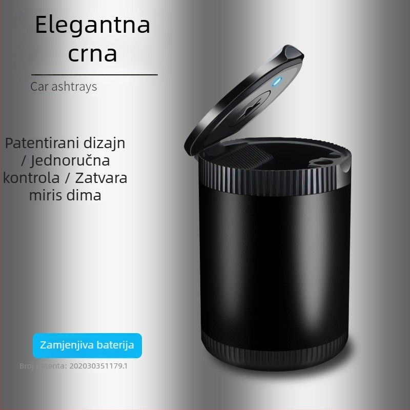 Metalni auto pepelnjak s LED, okrugli preklopni poklopac, potpuno zatvoren, pogodan za prilagodbu logotipa