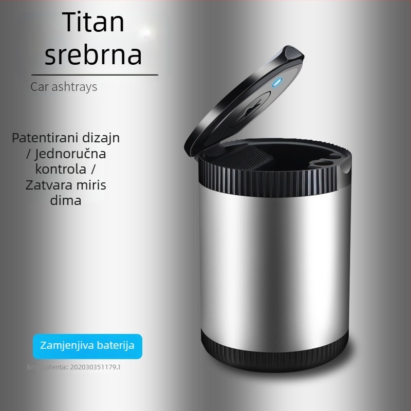 Metalni auto pepelnjak s LED, okrugli preklopni poklopac, potpuno zatvoren, pogodan za prilagodbu logotipa