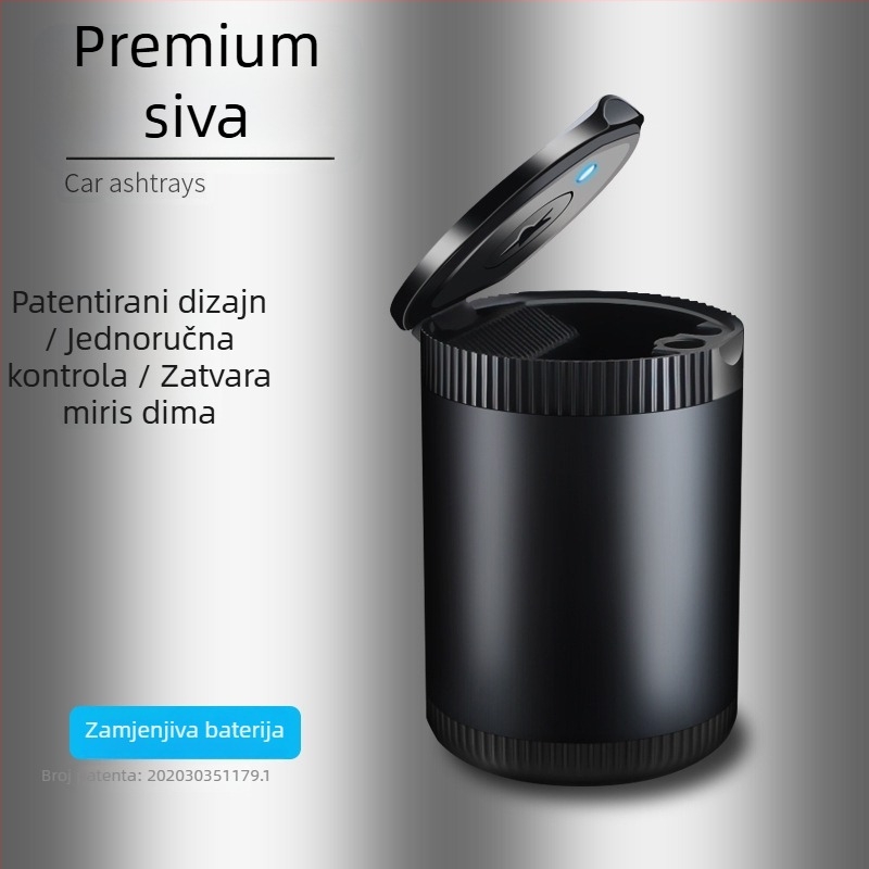 Metalni auto pepelnjak s LED, okrugli preklopni poklopac, potpuno zatvoren, pogodan za prilagodbu logotipa