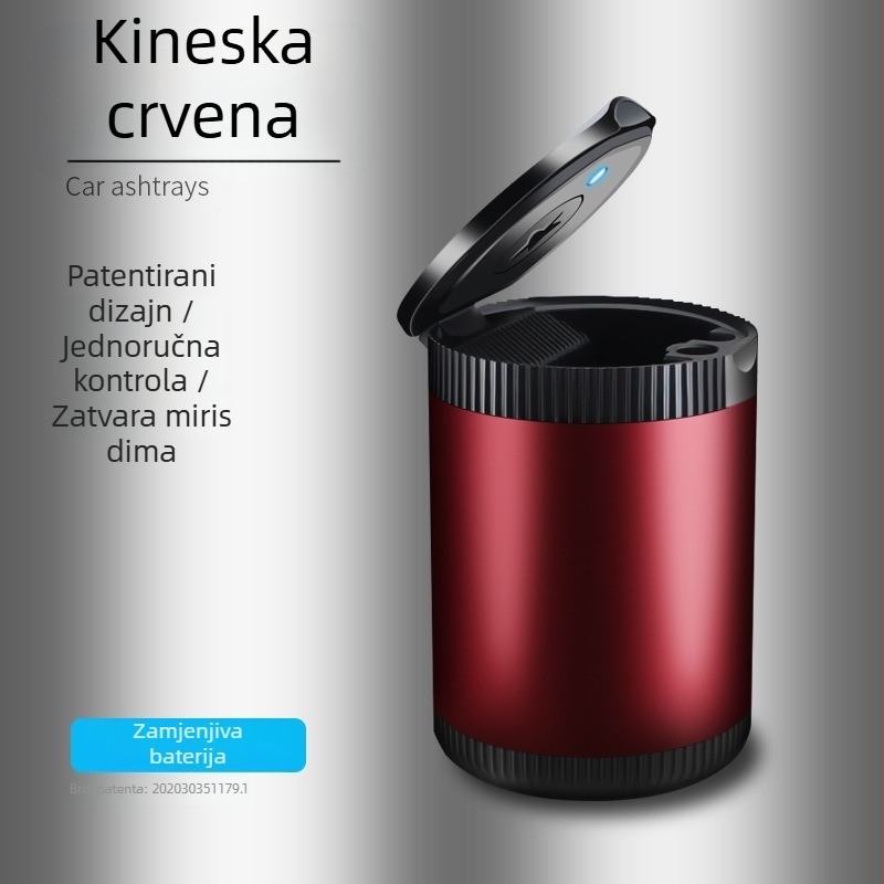 Metalni auto pepelnjak s LED, okrugli preklopni poklopac, potpuno zatvoren, pogodan za prilagodbu logotipa