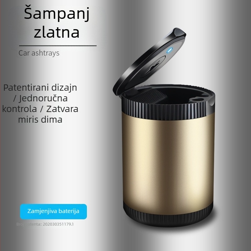 Metalni auto pepelnjak s LED, okrugli preklopni poklopac, potpuno zatvoren, pogodan za prilagodbu logotipa