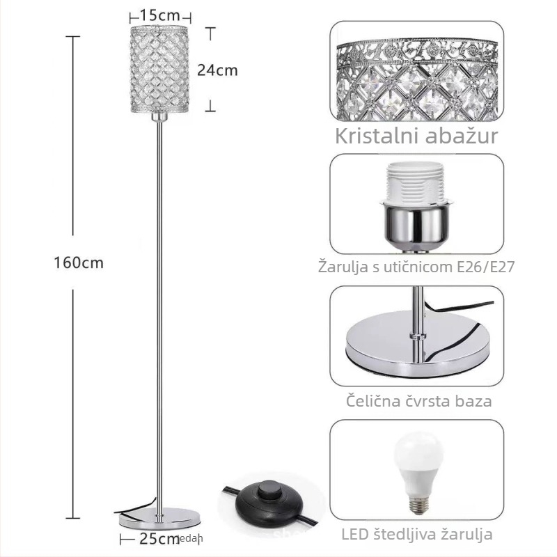 Podna lampa s LED-om, kristalnim abažurom, željezno tijelo, 110V, rasvjeta 5–10㎡