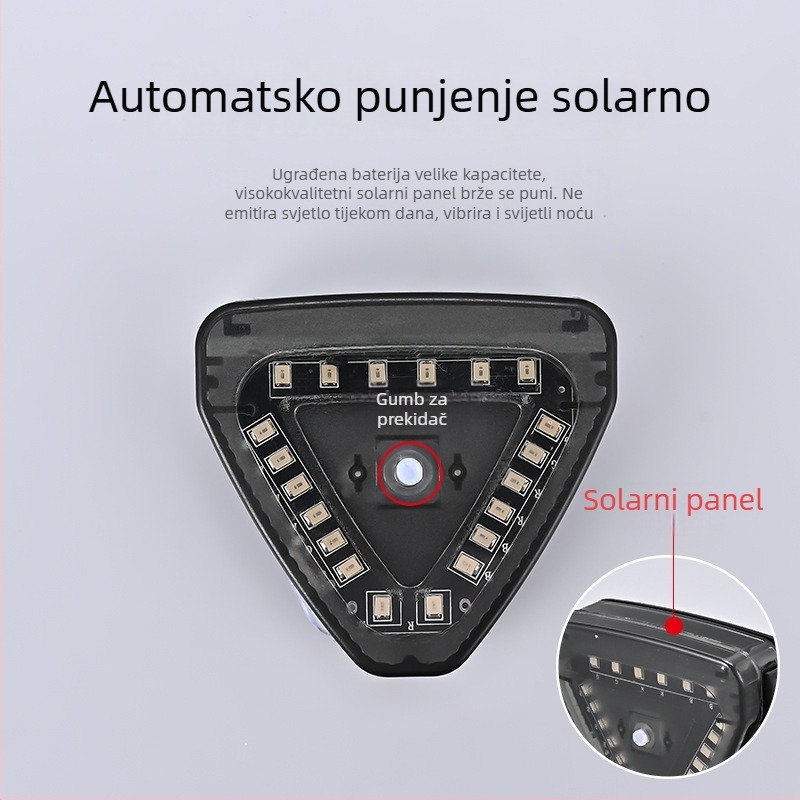 Bežično solarno navigacijsko svjetlo za automobile i motocikle s LED migom upozorenja na sudar iza — 5W, 12V, 0.5A, Model: Solar Triangle Light, Materijal: ABS, Ljepljiva ugradnja