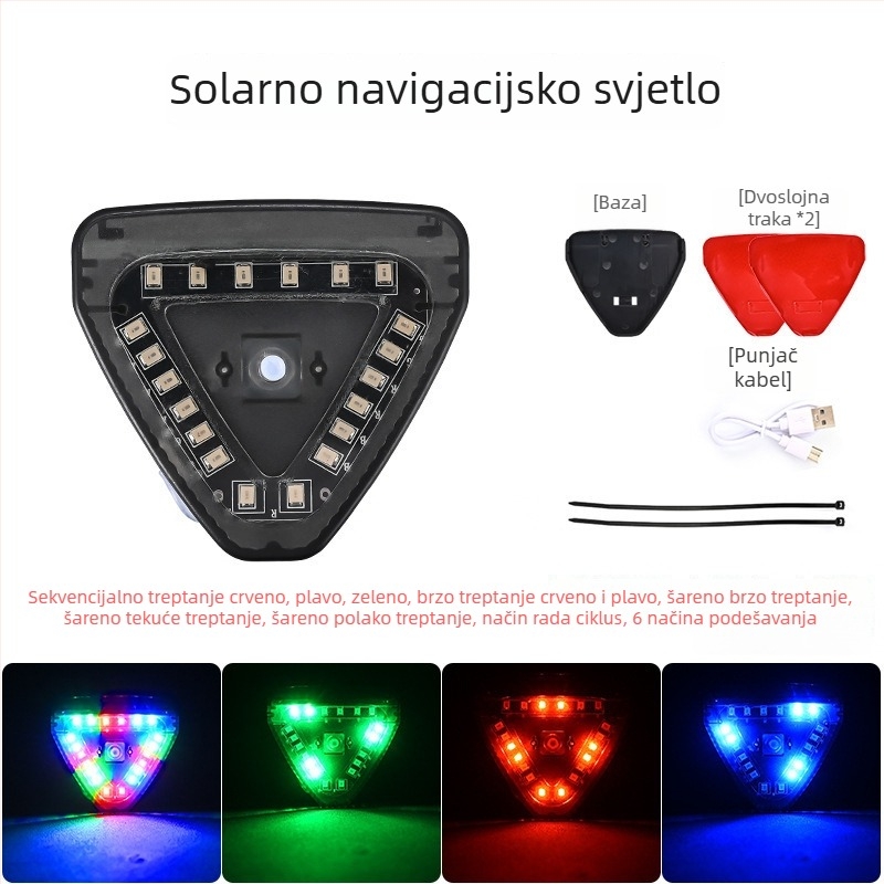 Bežično solarno navigacijsko svjetlo za automobile i motocikle s LED migom upozorenja na sudar iza — 5W, 12V, 0.5A, Model: Solar Triangle Light, Materijal: ABS, Ljepljiva ugradnja