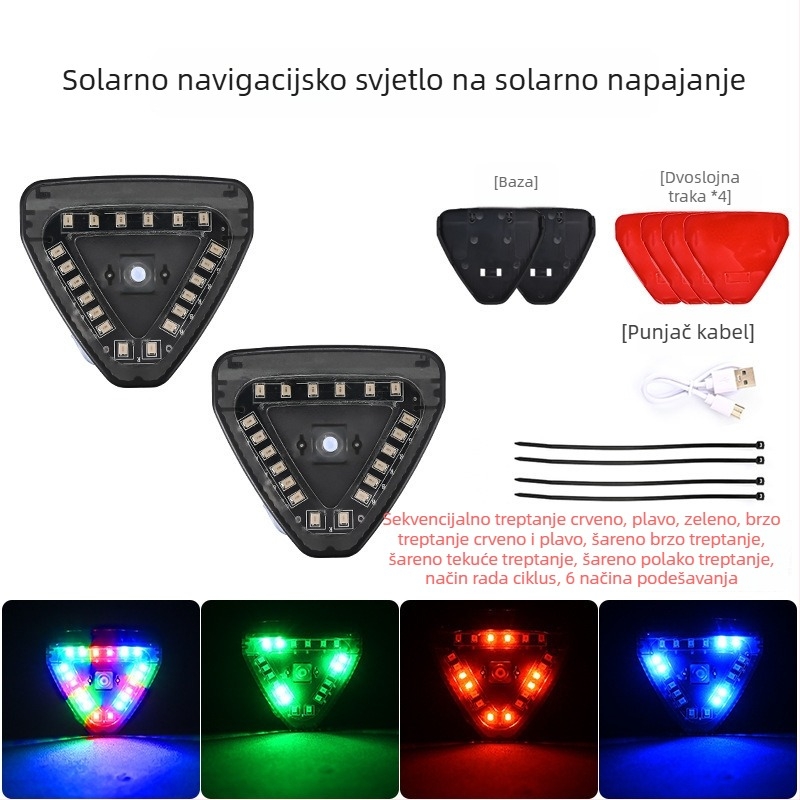 Bežično solarno navigacijsko svjetlo za automobile i motocikle s LED migom upozorenja na sudar iza — 5W, 12V, 0.5A, Model: Solar Triangle Light, Materijal: ABS, Ljepljiva ugradnja