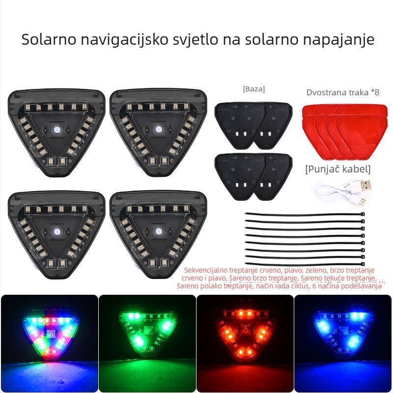 Bežično solarno navigacijsko svjetlo za automobile i motocikle s LED migom upozorenja na sudar iza — 5W, 12V, 0.5A, Model: Solar Triangle Light, Materijal: ABS, Ljepljiva ugradnja