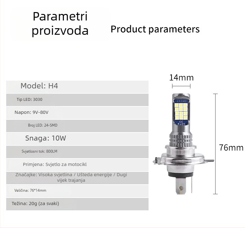 Moto LED far – integrirano daljinsko i bliže svjetlo, LED 3030, 9–80V, 0.8A, 800 lm, vijek trajanja 50000 h, aluminijsko kućište
