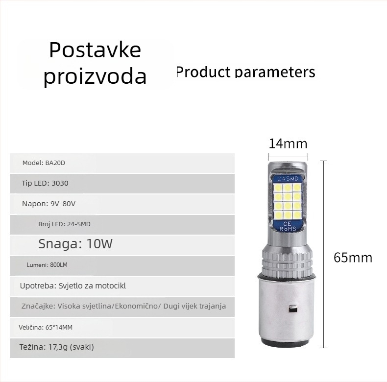 Moto LED far – integrirano daljinsko i bliže svjetlo, LED 3030, 9–80V, 0.8A, 800 lm, vijek trajanja 50000 h, aluminijsko kućište