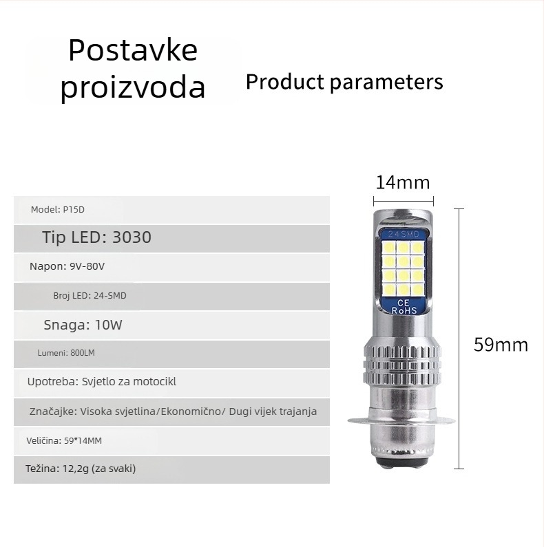 Moto LED far – integrirano daljinsko i bliže svjetlo, LED 3030, 9–80V, 0.8A, 800 lm, vijek trajanja 50000 h, aluminijsko kućište