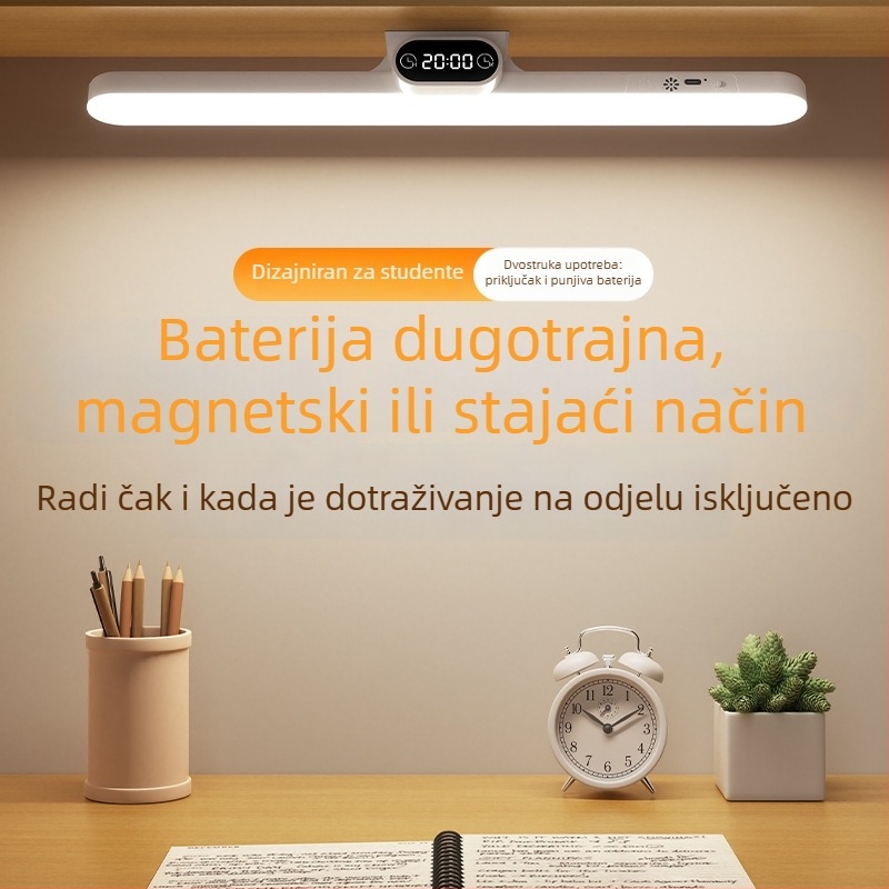 LED noćna lampa s satom i magnetskim držačem, USB napajanje, daljinski upravljač, zaštita očiju, moderni minimalistički stil