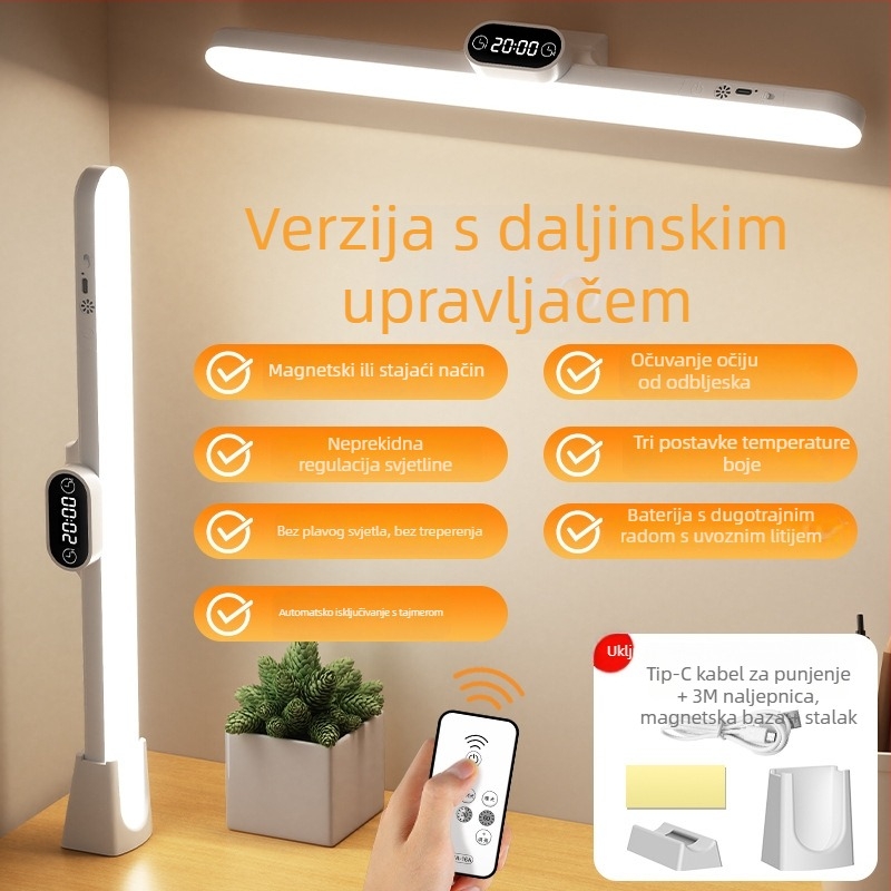 LED noćna lampa s satom i magnetskim držačem, USB napajanje, daljinski upravljač, zaštita očiju, moderni minimalistički stil