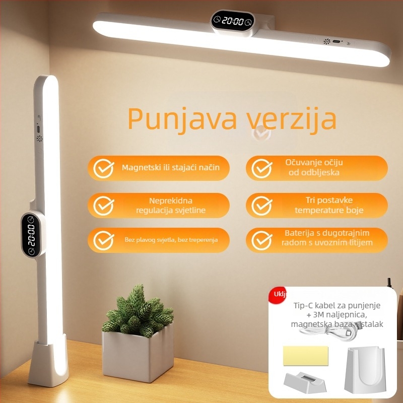 LED noćna lampa s satom i magnetskim držačem, USB napajanje, daljinski upravljač, zaštita očiju, moderni minimalistički stil
