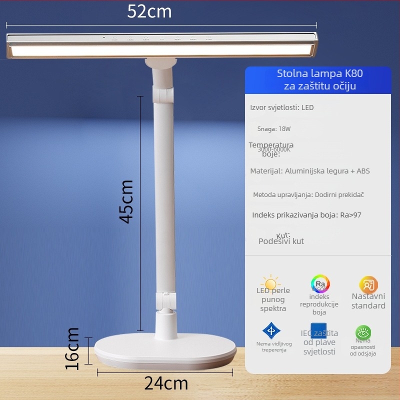 Stolna lampa za učenje s zaštitom očiju, 18W, CRI ≥95, pametno upravljanje, ugrađena litijska baterija