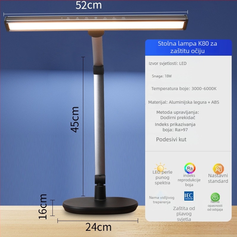 Stolna lampa za učenje s zaštitom očiju, 18W, CRI ≥95, pametno upravljanje, ugrađena litijska baterija