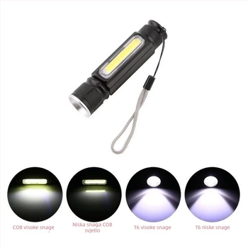LED svjetiljka s teleskopskim fokusom i magnetom, USB punjenje, aluminijska legura kućišta, ugrađena 18650 baterija, 5W, domet do 500 m