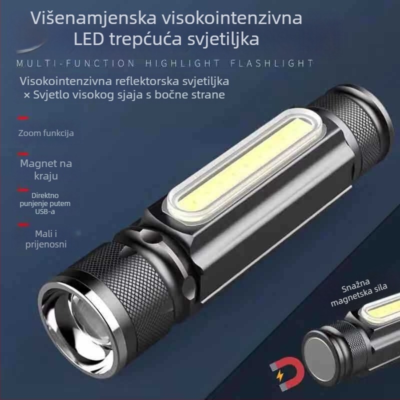 LED svjetiljka s teleskopskim fokusom i magnetom, USB punjenje, aluminijska legura kućišta, ugrađena 18650 baterija, 5W, domet do 500 m