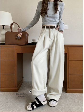 Ženske traperice od denima s fleec podstavom, debele i tople za zimu, visokim strukom, ravno-široki kroj