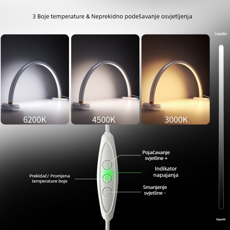 Lampa za njegu noktiju na stolu, LED lampa u obliku luka s trobojnim osvjetljenjem, USB napajanje, metalno sjenilo, gumb za uključivanje