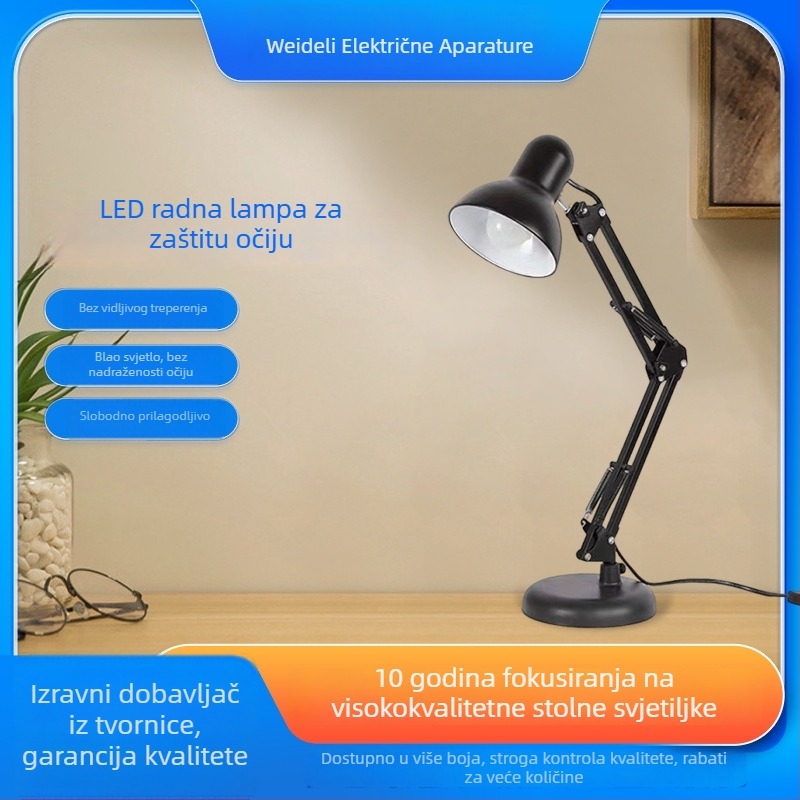 LED Stolna lampa s dugim ramenom za zaštitu očiju, s klipom, sklopna, metalna, 220V, CRI ≥90